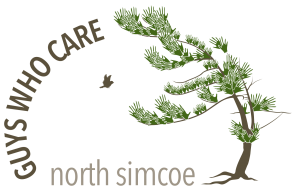 The words Guys Who Care North Simcoe, with a swaying pine tree to the right