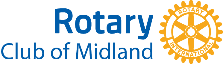 Rotary Club of Midland with a yellow cog to the right with Rotary International on it