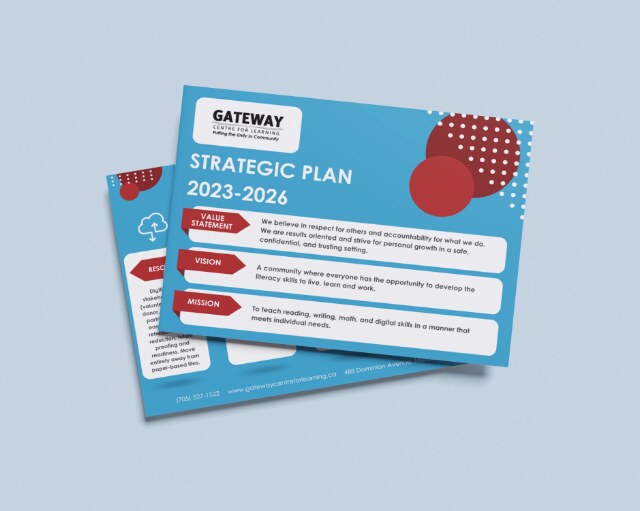 A picture of the front of a blue booklet with the words Gateway Centre for learning Strategic Plan 2023-2026 on the cover