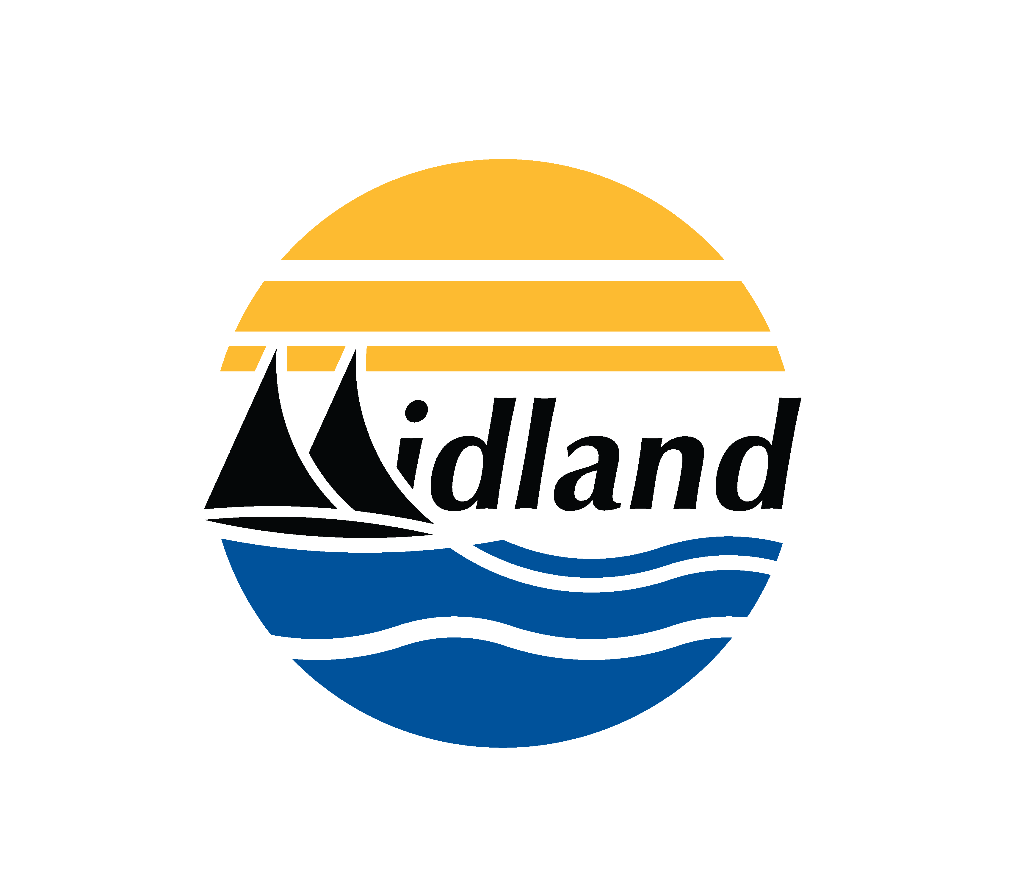 The word Midland written within a circle that is filled with yellow lines on top and blue lines on bottom and a black sailboat in the middle