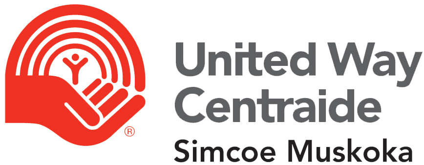 The words United Way Centraide Simcoe Muskoka, with a red hand holding a red rainbow to the left