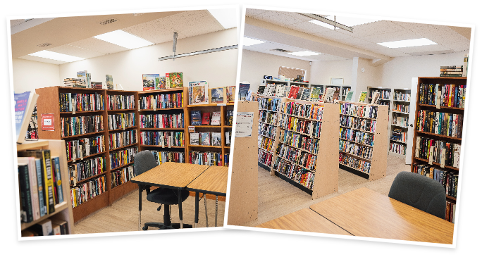 Two scenes from a library - one with filled bookshelves and a wooden table with a chair the other showing multiple wooden shelves stacked with books