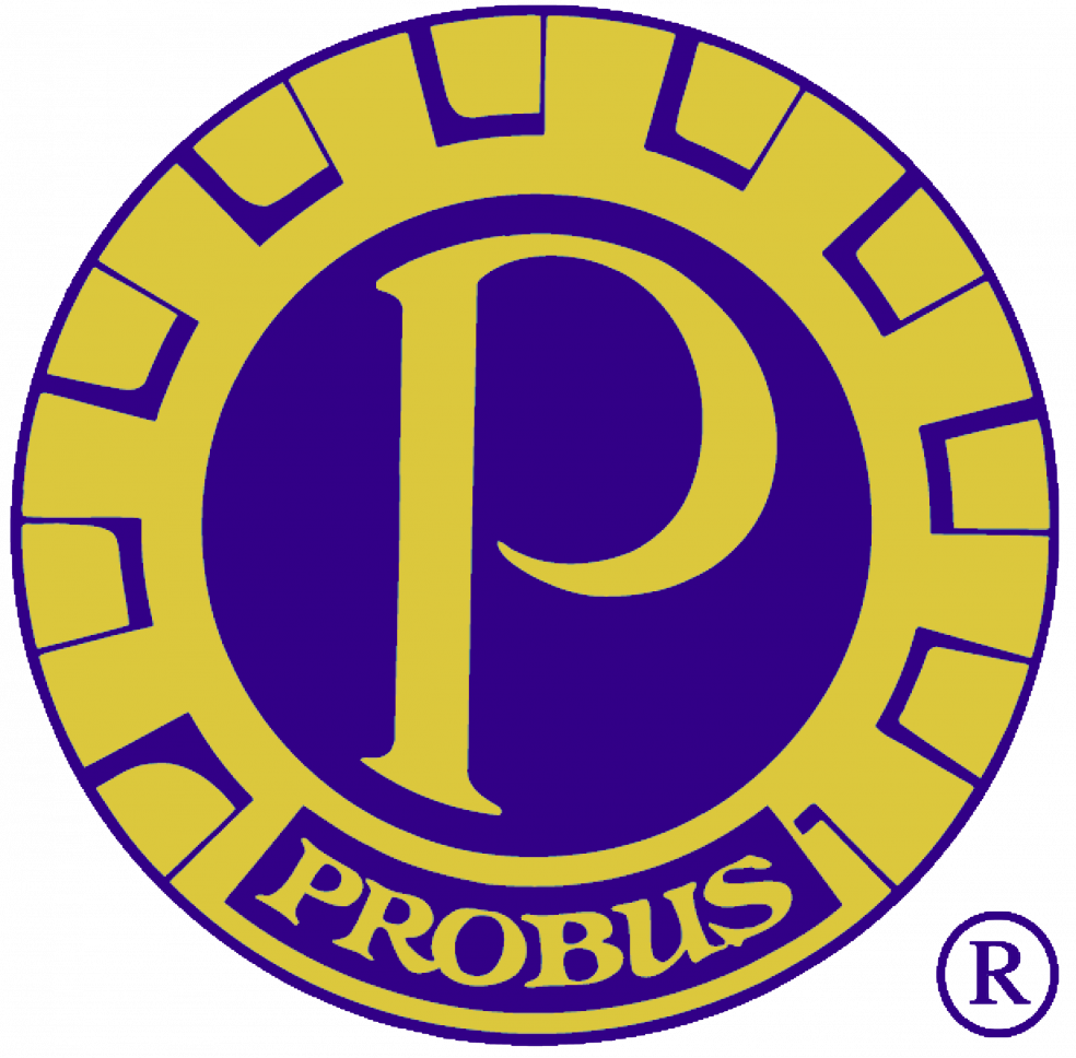 A gold and purple cog in a P in the middle and the word Probus below